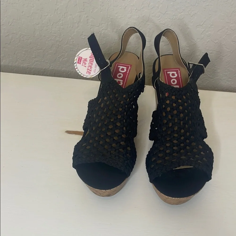 Pop Black Woven Wedge Sandals